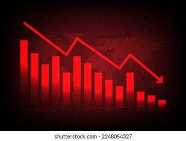 Red arrow graph drop arrow down with world map on red background. Money losing. Stock crisis and finance concept.