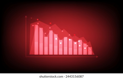 Red arrow graph drop arrow down with bar graph on red background. Money losing. Stock crisis and finance concept.