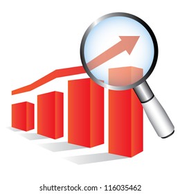 red arrow graph up and magnifier glass