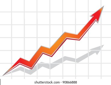 Red arrow growing up graph on grid vector illustration.