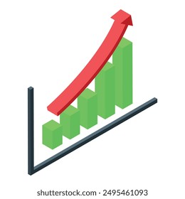 Red arrow is growing over green business graph bars showing success