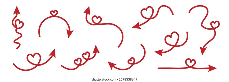 Red Arrow with Heart, isolated on a transparent background. Set for Valentine's day. Vector illustration.