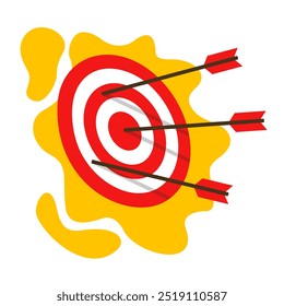 Red arrow hit to center of archery target. Aiming in bullseye. Business success, investment goal, opportunity challenge. Isolated illustration in flat colors and organic shapes