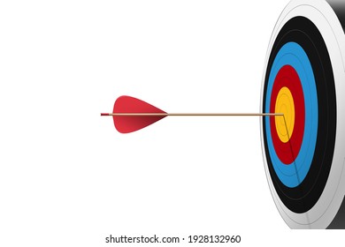 Red arrow hit to center of dartboard. Archery target and bullseye. Business success, investment goal, opportunity challenge, aim strategy, achievement focus concept. 3d realistic vector illustration