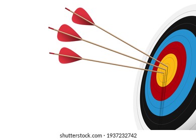 Red arrow hit to center of dartboard. Archery target and bullseye. Business success, investment goal, opportunity challenge, aim strategy, achievement focus concept. 3d realistic vector illustration