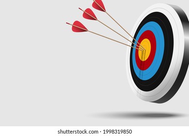 Red arrow hit to center of dartboard. Archery target and bullseye. Business success, investment goal, opportunity challenge, aim strategy, achievement focus concept. 3d realistic vector illustration