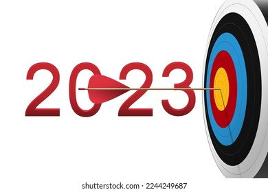 Red arrow hit to center of dartboard with 2023 number. Archery dart target and bullseye. Business success, investment goal, challenge, aim strategy, achievement focus concept.