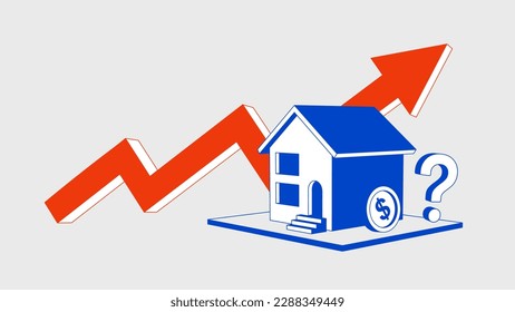 Red up arrow and housing price rising up. Concept illustration real estate investment or property growth. Vector