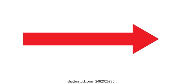 Red arrow icon isolated on white background. Long Straight arrow vector icon. Red horizontal arrow.   Long direction arrow icon in flat style. Vector illustration.