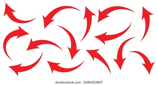 Red arrow icon on white background. Arrow sign. Red arrow indicator. Curved arrow. Vector illustrator.