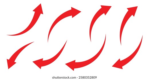 Red arrow icon on white background. Arrow sign. Red arrow indicator. Curved arrow. Vector illustrator.