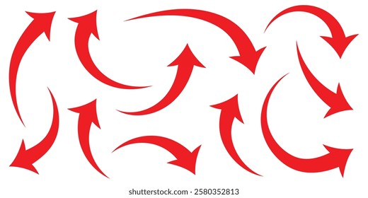 Red arrow icon on white background. Arrow sign. Red arrow indicator. Curved arrow. Vector illustrator.