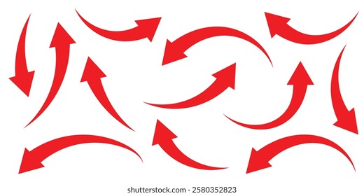 Red arrow icon on white background. Arrow sign. Red arrow indicator. Curved arrow. Vector illustrator.