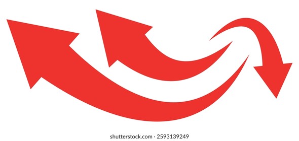 Red arrow icon on white background. Arrow sign. Red arrow indicator. Curved arrow. Vector illustrator.