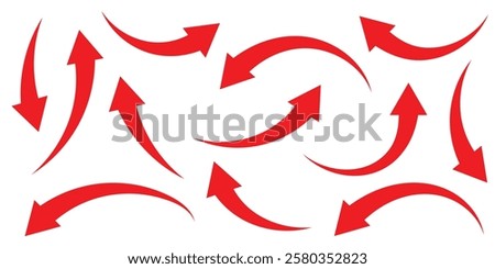 Red arrow icon on white background. Arrow sign. Red arrow indicator. Curved arrow. Vector illustrator.