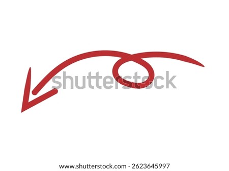 Red arrow icon pointing down, brush stroke curve