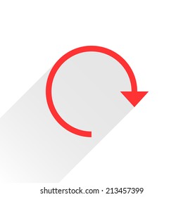 Red arrow icon reload, refresh, rotation, reset, repeat sign 18. Web pictogram with gray long shadow on white background. Simple, solid, plain, flat style. Vector illustration graphic design 8 eps