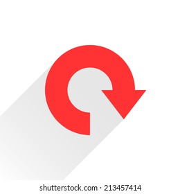 Red arrow icon reload, refresh, rotation, reset, repeat sign 31. Web pictogram with gray long shadow on white background. Simple, solid, plain, flat style. Vector illustration graphic design 8 eps