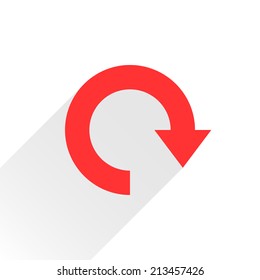 Red arrow icon reload, refresh, rotation, reset, repeat sign 26. Web pictogram with gray long shadow on white background. Simple, solid, plain, flat style. Vector illustration graphic design 8 eps