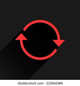 Red arrow icon reload, refresh, rotation, reset, repeat sign 02. Web pictogram with gray long shadow on white background. Simple, solid, plain, flat style. Vector illustration graphic design 8 eps