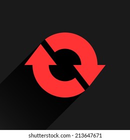 Red arrow icon reload, refresh, rotation, reset, repeat sign 14. Web pictogram with gray long shadow on white background. Simple, solid, plain, flat style. Vector illustration graphic design 8 eps