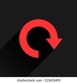 Red arrow icon reload, refresh, rotation, reset, repeat sign 26. Web pictogram with gray long shadow on white background. Simple, solid, plain, flat style. Vector illustration graphic design 8 eps