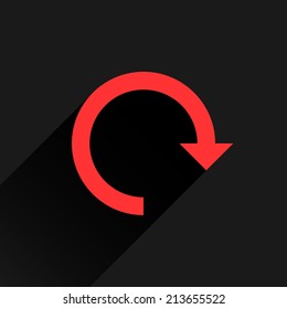 Red arrow icon reload, refresh, rotation, reset, repeat sign 22. Web pictogram with gray long shadow on white background. Simple, solid, plain, flat style. Vector illustration graphic design 8 eps
