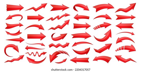 Red arrow icon set. Collection different arrows sign. Design elements vector illustration isolated on white background