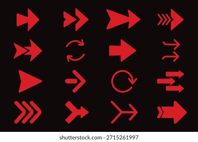 Conjunto de iconos de flecha roja aislado sobre fondo negro para el puntero y el concepto de movimiento
