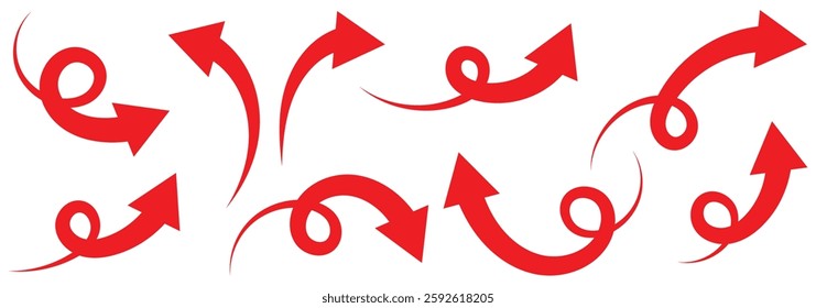 Red arrow icon set on white background. Red curved arrows set. Arrow sign. Flat style icons. Hand drawn curved doodle chalk arrows collection vector illustrator.