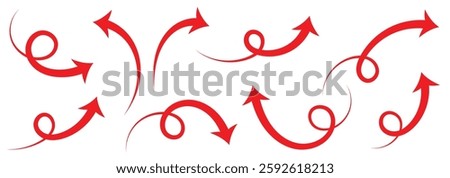 Red arrow icon set on white background. Red curved arrows set. Arrow sign. Flat style icons. Hand drawn curved doodle chalk arrows collection vector illustrator.