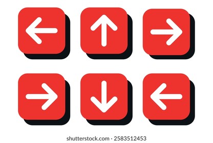 red arrow icons set, navigation button symbols, directional arrow keys for UI and UX design, interface control buttons for digital application