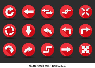 Red arrow icons. Set of round icons on black background. Vector illustration