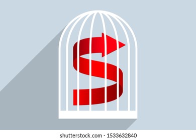 Red arrow inside cage as symbol of prospects and opportunities constrained by external factors. Concept of freedom of development and self-development in business and social spheres