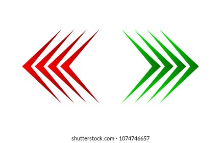 Red arrow left and green arrow right, isolated. Vector illustration. Set of color arrows