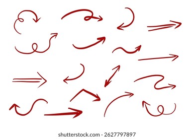 Red arrow mark hand drawn sketchy paintbrush, swirl arrows set, doodle highlight mark or check. Grunge stroke. Important sign. 