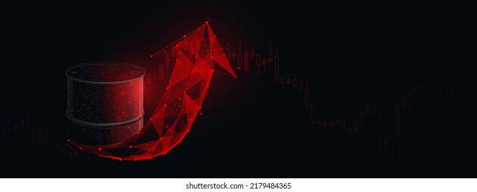 Flecha roja hacia arriba con barril de petróleo. Gráfico de crecimiento para el fondo de saldos. Óleo 3D en polígono bajo, estilo wireframe