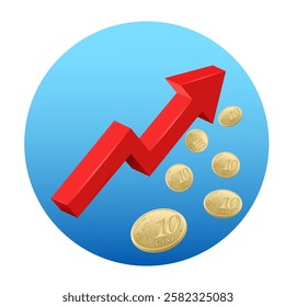 Red arrow on blue background with euro coins. Profit symbol icon concept with arrow moving up.Vector illustration