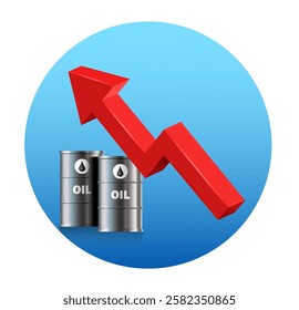 Red arrow on blue background with oil barrels. Profit symbol icon concept with arrow moving up. Vector illustration