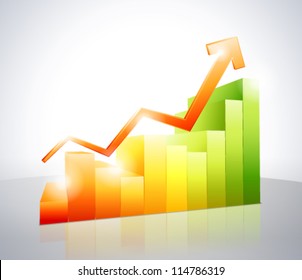 Red arrow on colorful bar chart