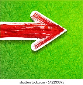 Red arrow on green ornated background. Vector illustration