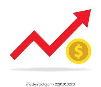 Red arrow on white with dollar coin. Profit red arrow, Vector illustration.Business concept, growing chart. Concept of sales symbol icon with arrow moving up. Economic Arrow With Growing Trend.