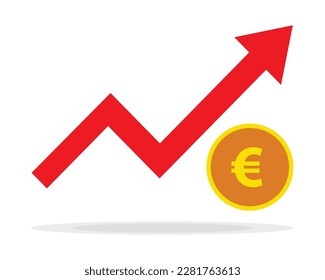 Red arrow on white with euro coin. Profit red arrow, Vector illustration.Business concept, growing chart. Concept of sales symbol icon with arrow moving up. Economic Arrow With Growing Trend.