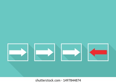 Red arrow at the opposite direction. Different concepts in thinking outside the box. Business and finance. Vector illustration in flat design. Copy-space for text.