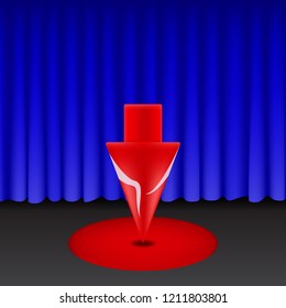 Red arrow pin on stage show, blue curtain, compass location