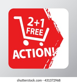 Red arrow pointer with the inscription - action, 2+1 free, shopping cart (basket). Sticker and label vector illustration.