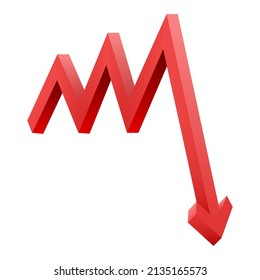 Roter Pfeil nach unten zeigt Krise. Graph Chart Down Symbol. Realistische 3D-Vektorgrafik einzeln auf weißem Hintergrund