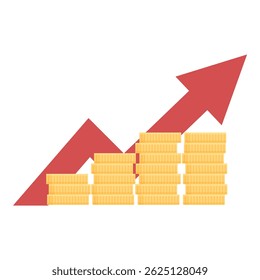 Flecha roja apuntando hacia arriba sobre el aumento de pilas de monedas, concepto financiero