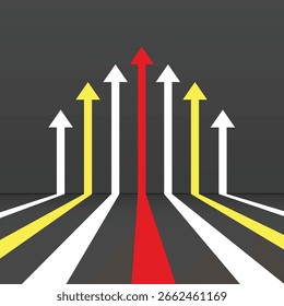 Red Arrow Pointing Up. Progress and Growth Concept on Dark Surface with White Arrows.