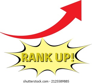 A red arrow pointing upward, the word "Rank Up" in English, a thorny speech balloon decoration, and an image illustration of level up
